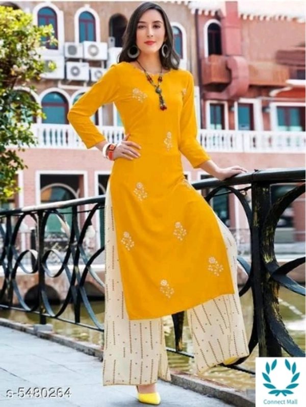 Women's Embroidered Rayon Yellow Kurta set with Pants - XL